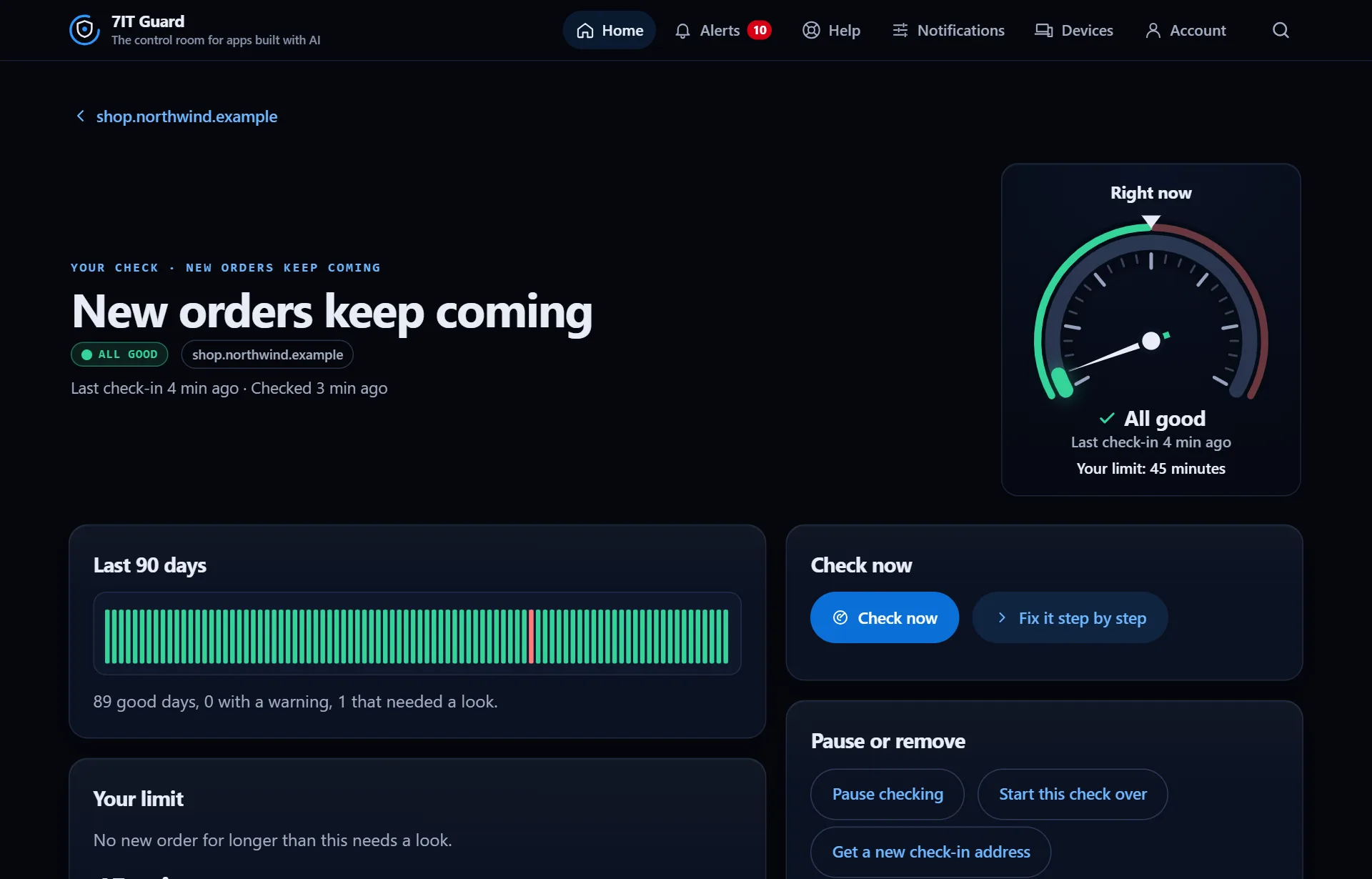 A check page: the gauge, 90 daily bars, Check now and Pause or remove