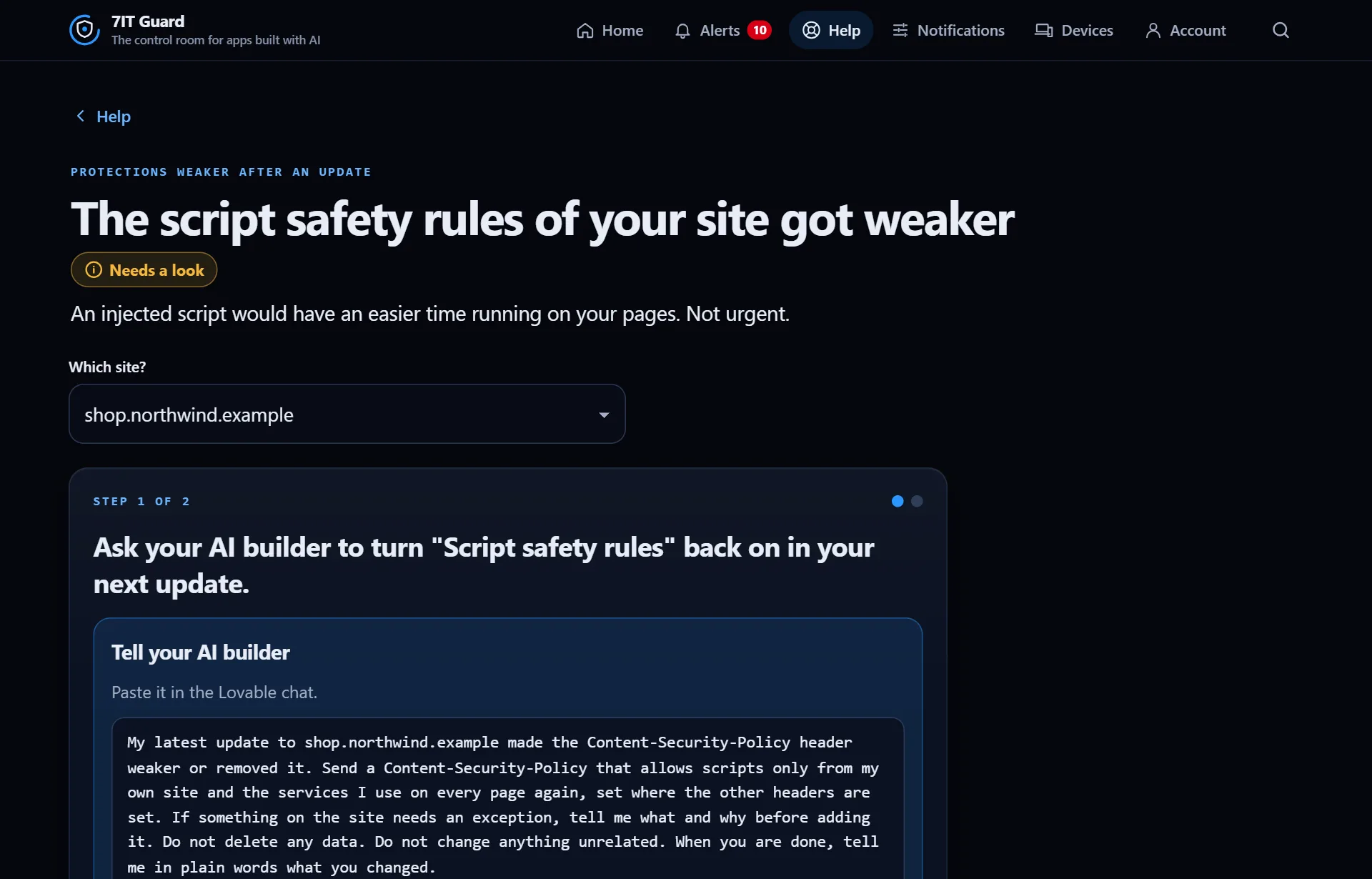 A fix flow: step 1 of 2 with a ready message for the AI builder