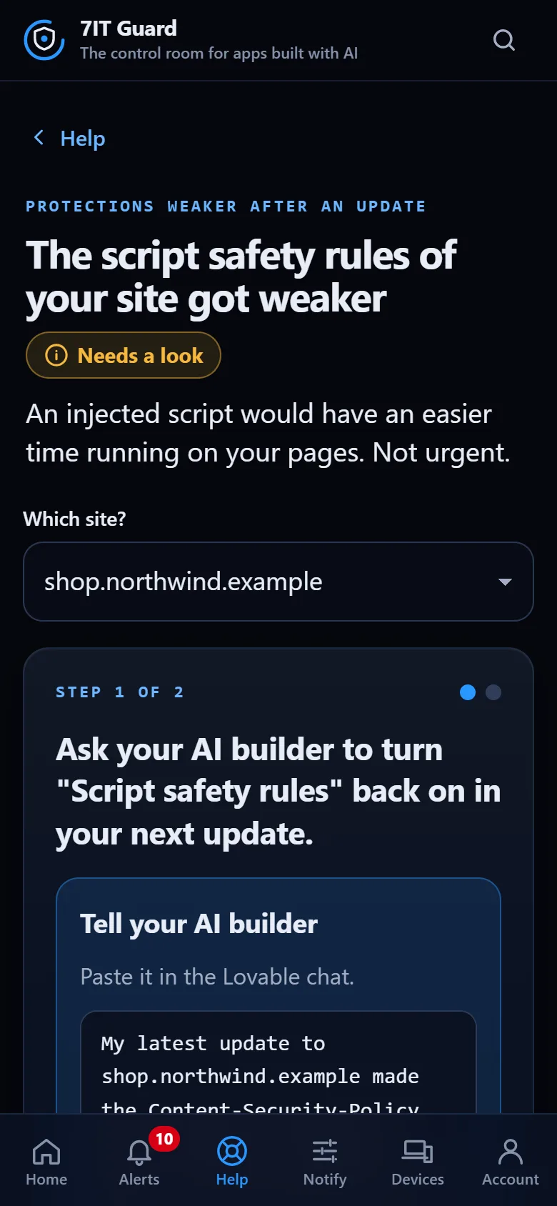 A fix flow: step 1 of 2 with a ready message for the AI builder, on a phone
