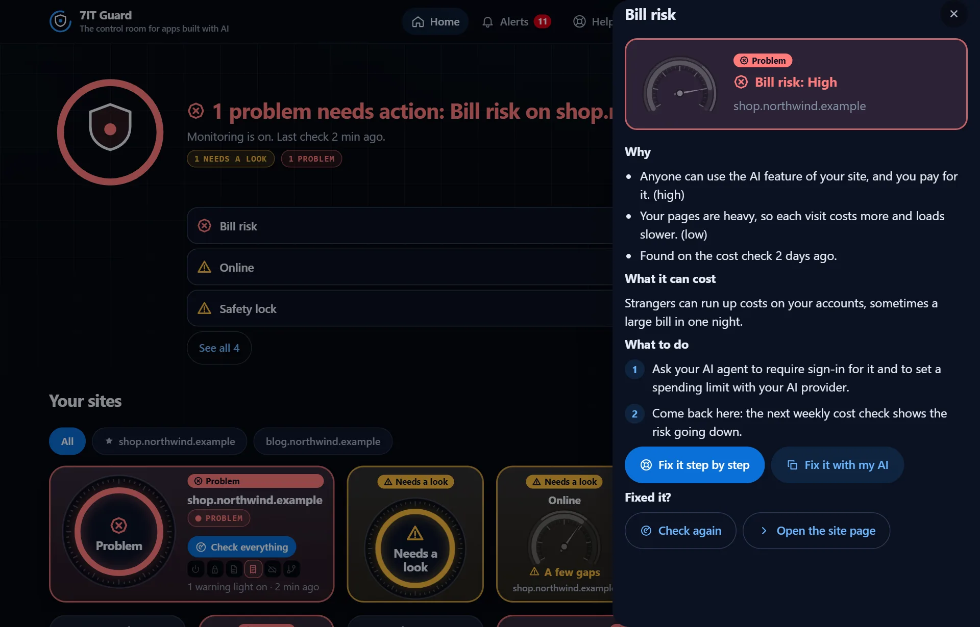 The Bill risk panel with why, what it can cost, what to do and Check again