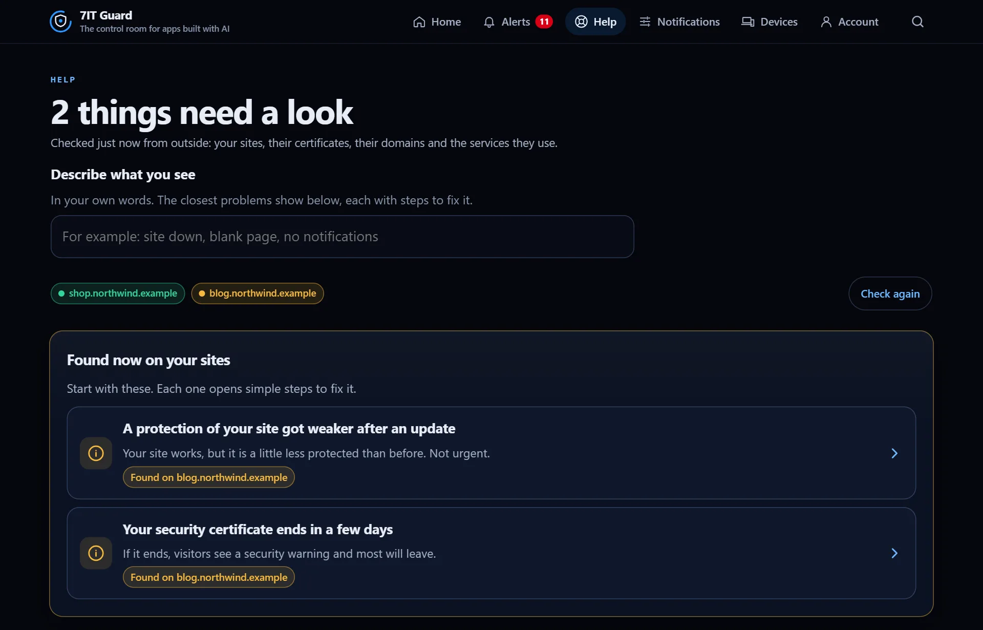The Help screen with two things that need a look and a box to describe what you see