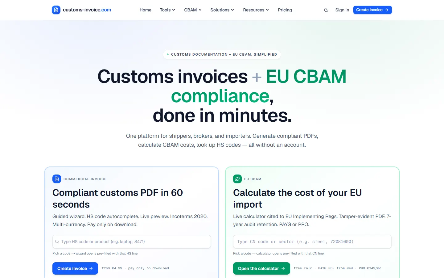 customs-invoice.com, A platform for shippers, brokers and importers: compliant commercial invoices, EU CBAM cost calculations and tamper-evident PDFs.