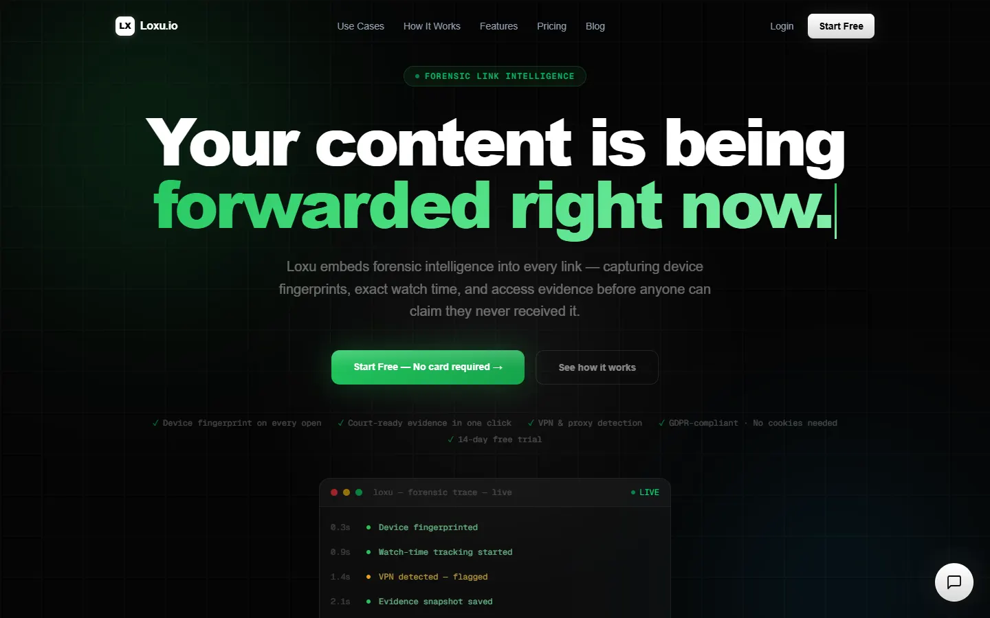 Loxu, A content protection platform that embeds forensic tracking into shareable links and exports court-ready evidence.